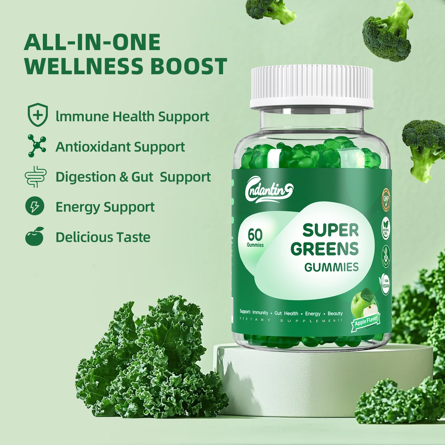 Multivitamin Super Greens Gummies - Daily Vegan Gummy Vitamins for Women, Apple Flavor | Organic Greens Blend with Vitamin C, Turmeric, Zinc, Immune Support, Energy Booster, Metabolism | 60 Count