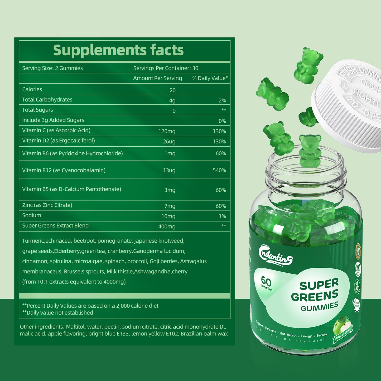 Multivitamin Super Greens Gummies - Daily Vegan Gummy Vitamins for Women, Apple Flavor | Organic Greens Blend with Vitamin C, Turmeric, Zinc, Immune Support, Energy Booster, Metabolism | 60 Count