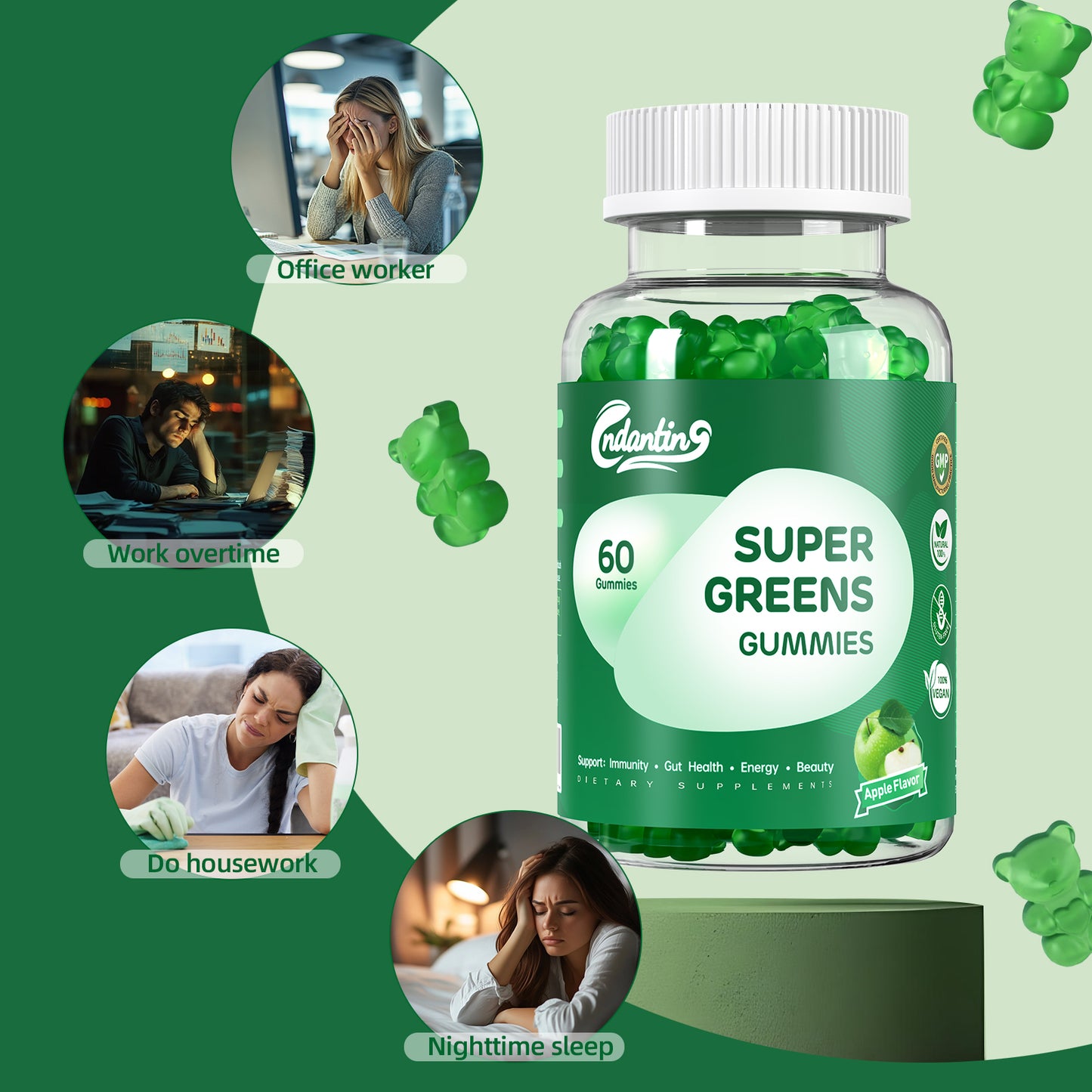 Multivitamin Super Greens Gummies - Daily Vegan Gummy Vitamins for Women, Apple Flavor | Organic Greens Blend with Vitamin C, Turmeric, Zinc, Immune Support, Energy Booster, Metabolism | 60 Count
