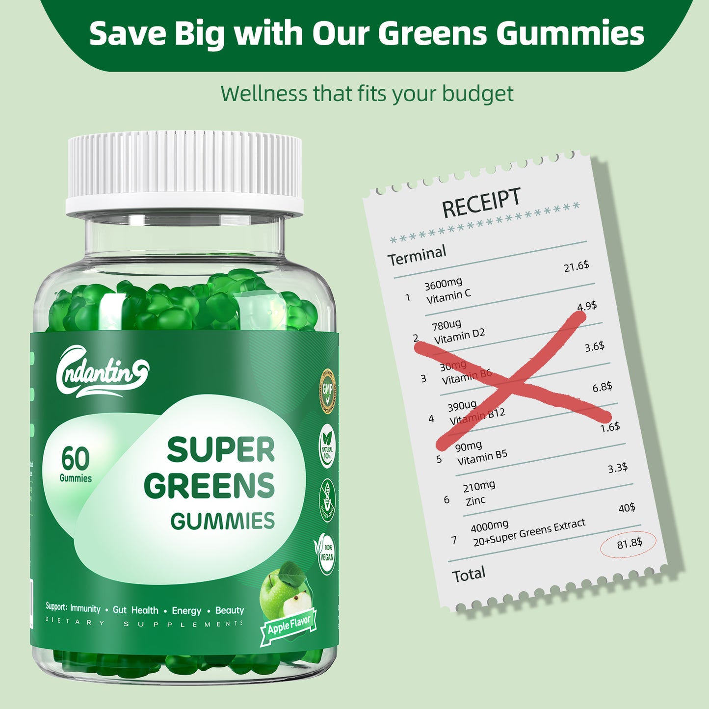 Multivitamin Super Greens Gummies - Daily Vegan Gummy Vitamins for Women, Apple Flavor | Organic Greens Blend with Vitamin C, Turmeric, Zinc, Immune Support, Energy Booster, Metabolism | 60 Count